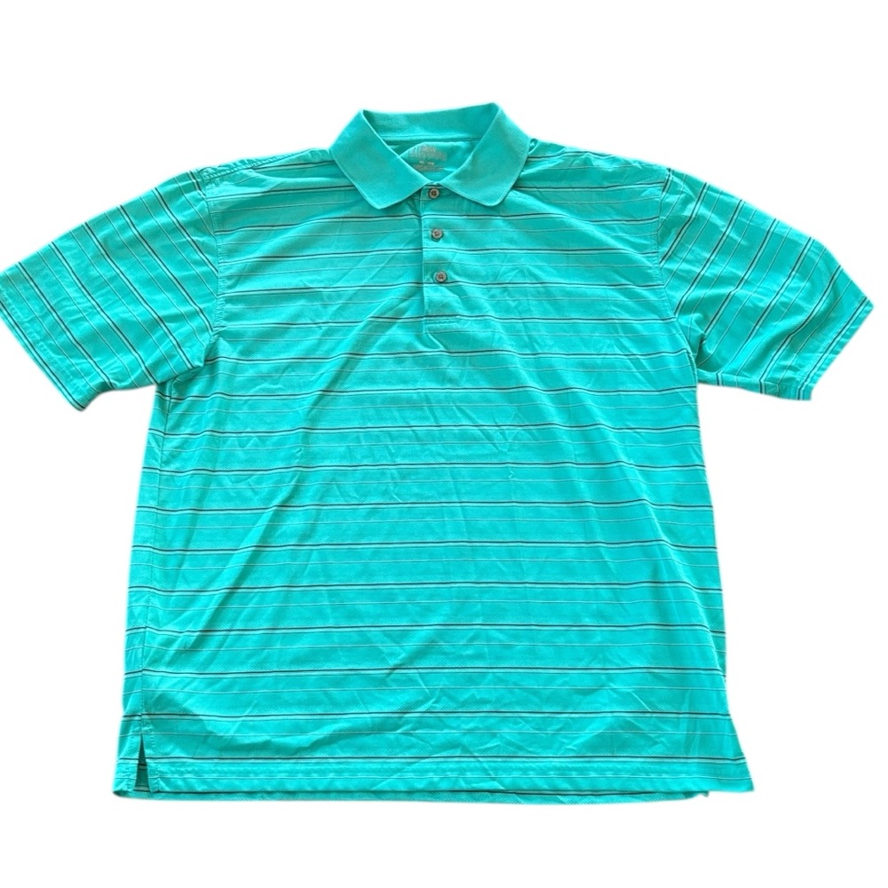 PGA Tour Aqua Blue and Black Striped Golf Polo Shirt Size XL